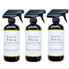 Three bottles of Red's Gone Green Clove Cinnamon Vanilla All Purpose Cleaner, a natural glass and granite spray made with essential oils, non-toxic and safe for families.