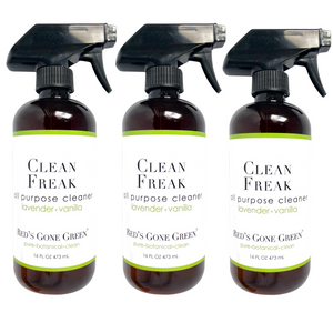 Red’s Gone Green Lavender Vanilla All Purpose Cleaner 3-pack on white background, natural non-toxic cleaner for glass and granite.