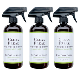 Red’s Gone Green Peppermint Vanilla All Purpose Cleaner 3-pack on white background, natural non-toxic cleaner for glass and granite.